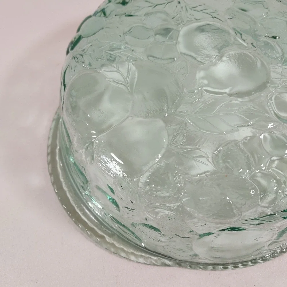 Vintage Libbey Orchard Fruit Round Casserole Dish‎ Clear Green Glass Oven Proof